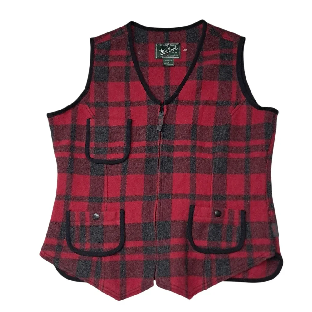 Vintage Woolrich Vest Women's Medium Red Black‎ Wool Buffalo Plaid Zip Up Cabin